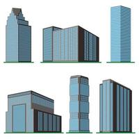 Set of six modern high-rise building on a white background. View of the building from the bottom. Isometric vector illustration.