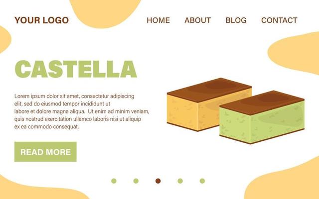 Vector two castella. Landing page web template. Website design. Asian dessert. Web site with japanese traditional yellow and green tea sponge cakes.
