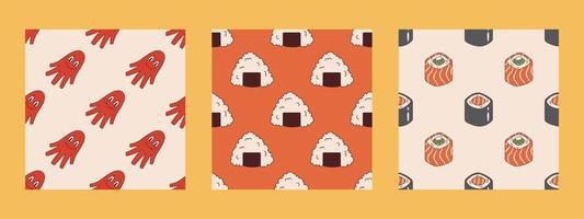 Vector set of seamless patterns with japanese food in retro style. Onigiri, sausage octopus, philadelphia roll and maki sushi. Collection of backgrounds with asian food 70s.