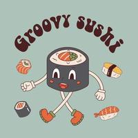 Vector groovy postcard with sushi mascot in retro style. Maki sushi character 70s. Japanese food. Groovy sushi text.