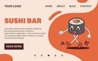 Vector maki sushi roll mascot in retro style. Groovy landing page web template. Website design. Walking sushi character 70s.