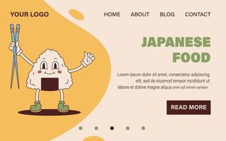 Vector onigiri mascot in retro style. Groovy landing page web template. Website design. onigiri character holding chopsticks 70s.