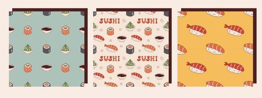 Vector set of seamless patterns with japanese food in retro style. Onigiri, soy sauce, wasabi, philadelphia roll and maki sushi. Retro collection of backgrounds with asian food 70s.