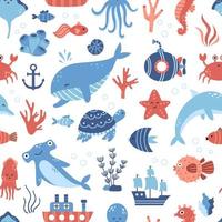 Vector marine seamless pattern with sea animals in flat design. Dolphin, whale, starfish, seahorse, octopus and fishes. Underwater life.