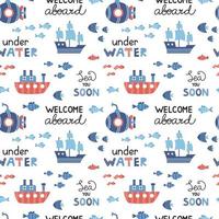 Vector marine seamless pattern in flat design. White background with submarine, steamship, sailboat and fishes. Ocean.
