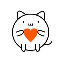 Cat holds heart. Hand draw vector illustration of kitty. Linear drawing of cute pet. Outline icon of funny cat on Valentine's day.