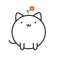 Cat with flower. Hand draw vector illustration of kitty. Linear drawing of cute pet with plant on its head. Outline icon of funny cat.