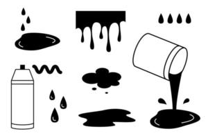 Samples of paint, drips, puddles and drops. Line vector illustration of spray paint. Outline icons. Linear drawing of can of paint.
