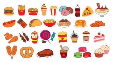 conjunto de ilustraciones vectoriales de platos de comida rápida con colección de bebidas y postres con hamburguesa y pizza, perrito caliente de palomitas de maíz y bebida de coca cola con donut, fideos de taza y bistec, papas fritas y taco vector
