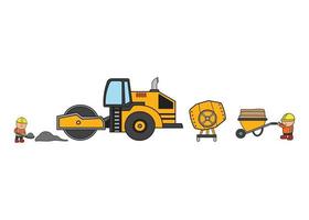 vector illustration Hand drawn color children construction set of construction worker with road roller and cement mixer