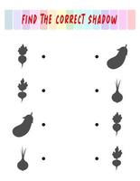 Find the right shadow. Cute vegetables. Educational game with vegetables. Logic games for children with an answer. A training card with a task for preschool and kindergarten children vector