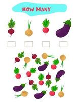 Counting Game for Preschool Children. Educational a mathematical game. Count how many  vegetables and write the result. Math worksheet for kids. vector