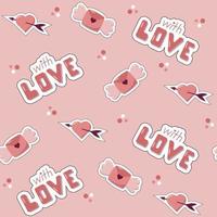 concepto de día de san valentín de patrones sin fisuras con pegatinas de dibujos animados lindo vintage vector, letras con alas y corazones. fondo rosa para envolver papel y cajas de regalo vector