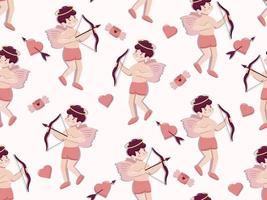 concepto de día de san valentín de patrones sin fisuras con elementos de dibujos animados lindo vector cupido, letras con alas y corazones. fondo rosa para envolver papel y cajas de regalo