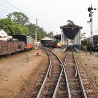 Kalka, Haryana, India May 14 2022 - View of Toy train Railway Tracks from the middle during daytime near Kalka railway station in India, Toy train track view, Indian Railway junction, Heavy industry photo