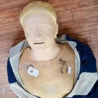 Human dummy lies on the floor during first Aid Training - Cardiopulmonary resuscitation. First aid course on CPR dummy, CPR First Aid Training Concept photo