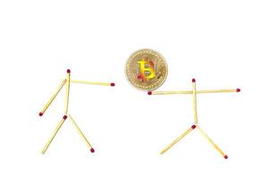 Golden bitcoin on isolate white background concept mining  little man photo