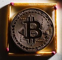 Golden bitcoin on isolate white background concept mining house, apartment, purchase, photo