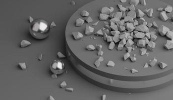 3d render of crystal ball with broken pieces of stone on a gray background. Black podium in dark room. photo