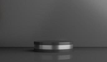 3d render of crystal ball with broken pieces of stone on a gray background. Black podium in dark room. photo