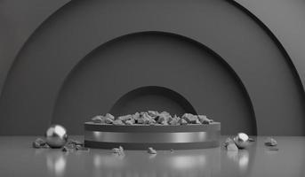 3d render of crystal ball with broken pieces of stone on a gray background. Black podium in dark room. photo