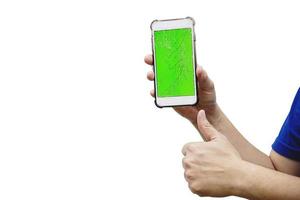 Hand holding mobile phone with broken cracked screen display need to be fixed, mobile repair shop concept photo