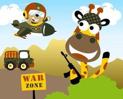 Little bear on fighter jet, cute giraffe with gun hiding in bush, military truck, vector cartoon illustration