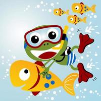 Cute frog wearing diving goggles with fish undersea, vector cartoon illustration