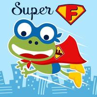 Funny frog in superhero costume flying on building background, vector cartoon illustration