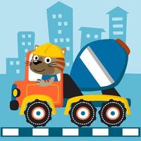 pequeño gato conduciendo un camión mezclador en el fondo de los edificios, ilustración de dibujos animados vectoriales vector