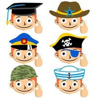Set of boy with thumb up wearing different cap, vector cartoon illustration