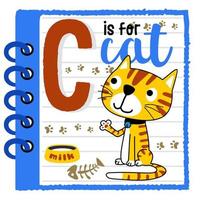 lindo gatito con tazón de leche y hueso de pescado en marco de cuaderno, caricatura educativa para niños, ilustración de caricatura vectorial vector