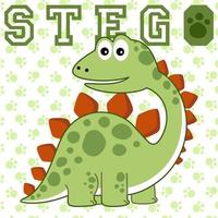 Funny stegosaurus on animals trail background, vector cartoon illustration