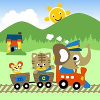 Cute animals on steam train, rural scenery background, vector cartoon illustration