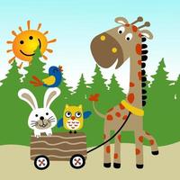 Cute giraffe pulling rabbit and birds with a small wagon, smiling sun with trees, vector cartoon illustration