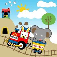 Cute rabbit and elephant on steam train, rural scenery with flying birds, vector cartoon illustration