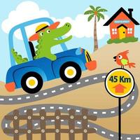 Cute crocodile driving car on rural scene background, little bird perching on road sign, vector cartoon illustration