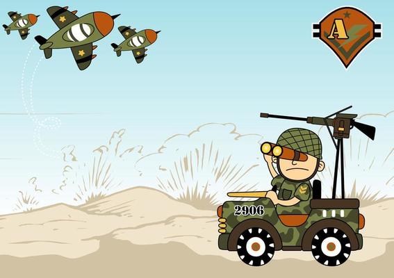 A soldier driving military car with fighter jet within battlefield, vector cartoon illustration
