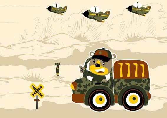Cute bear on military truck with fighter jet in battlefield, vector cartoon illustration
