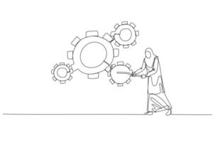 Illustration of muslim businesswoman manager use managerial skill to rotate group of business cogwheels. Single continuous line art style vector