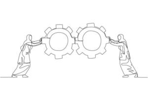 ilustración de una mujer de negocios musulmana empujando el concepto de rueda de engranajes del trabajo en equipo de negocios. estilo de arte de línea continua vector