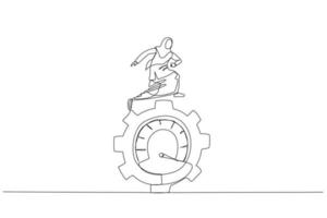 Drawing of muslim businesswoman running at gear cogwheel metaphor of productivity and motivation. Single continuous line art style vector