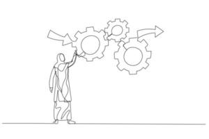 Drawing of muslim businesswoman make cogwheels work effective and efficient for best result concept of workflow management. One continuous line art style vector