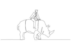 busienssman riding on big rhino concept of fearless manager and leader. Continuous line art vector