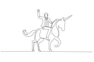 businessman riding a unicorn with the horse only standing on three foot. Single continuous line art style vector