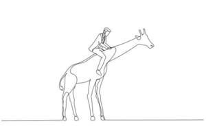 businessman riding giraffe concept of business leader ready to reach higher level. Continuous line art style vector