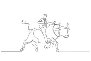 hombre de negocios cabalgando sobre el toro trabajando en el mercado de valores. estilo de arte de línea continua única vector