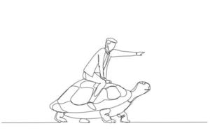 Businessman riding turtle that walk slowly concept of business development. One continuous line art style vector