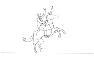 businessman riding a unicorn and having billion dollar valuation company. Single line art style vector