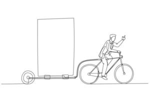 hombre de negocios montando en bicicleta con el concepto de remolque de cartelera de publicidad al aire libre. arte de línea continua vector